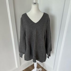 Alfani Womens Gray Iconic Mod Ribbed Puff Balloon Sleeve V Neck Sweater Size XL